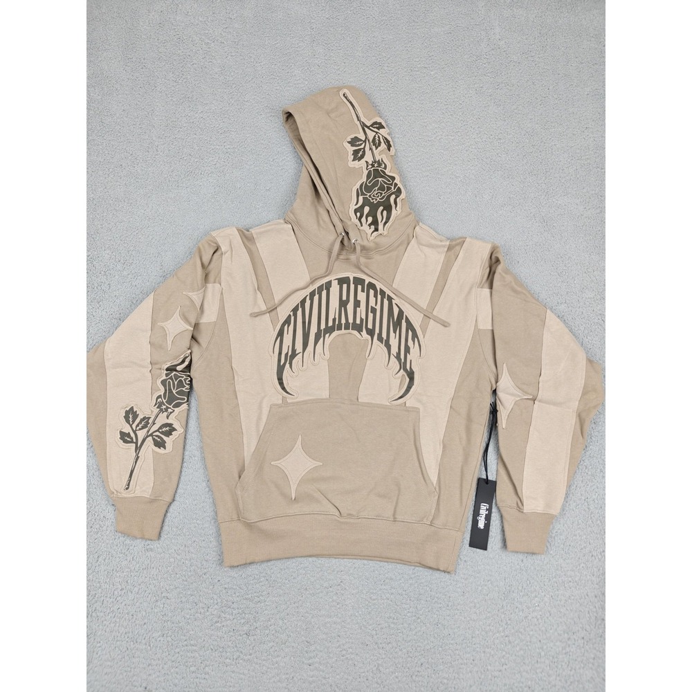 Civil Regime Hoodie Sweatshirt Mens Small Sand‎ Panel Regime Rose Flame Graphic